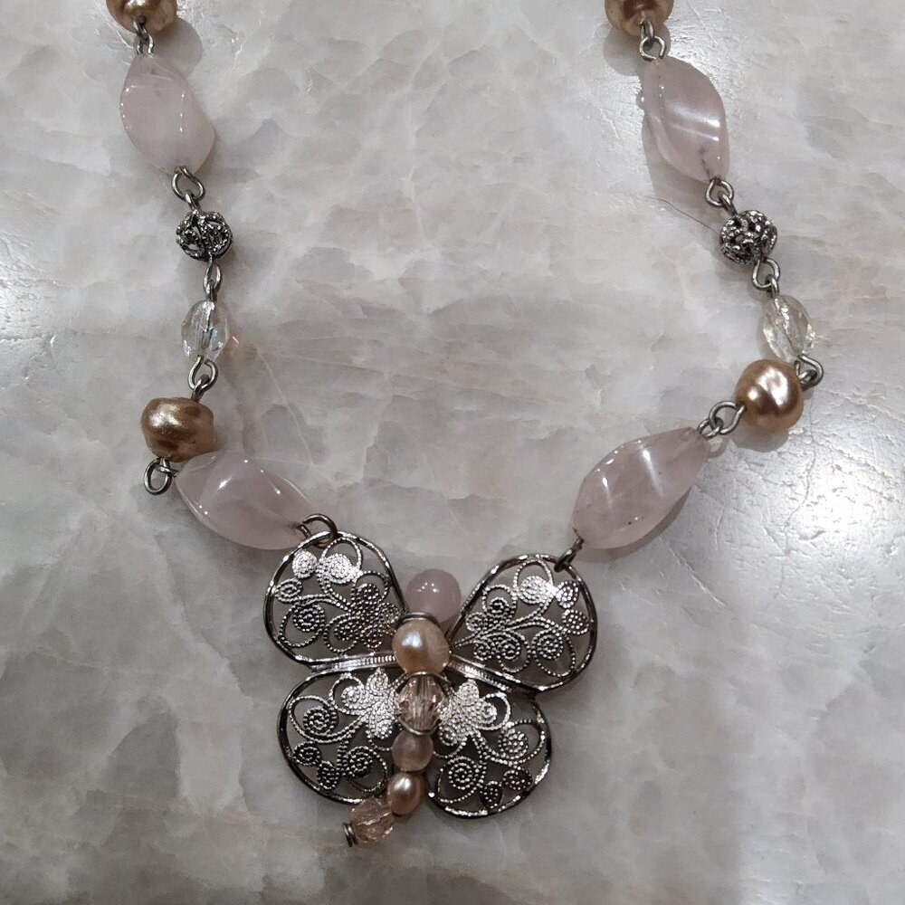 Butterfly Pendant Necklace Pink Stone Bead Silver Tone